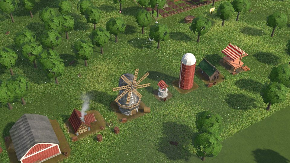 Barn, cottage, windmill, silo and market stall in a meadow