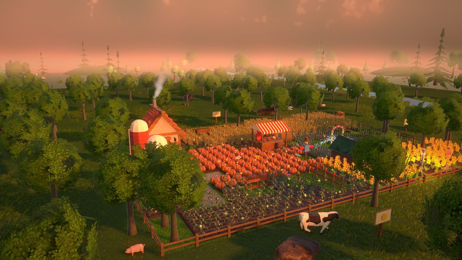 Little Acres: a farm with a red barn, a silo and pumpkin fields at golden hour